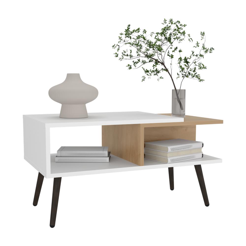 Mesa de Centro Aranez, Blanco y Fresno Europeo, con diseño moderno y patas metálicas ZF