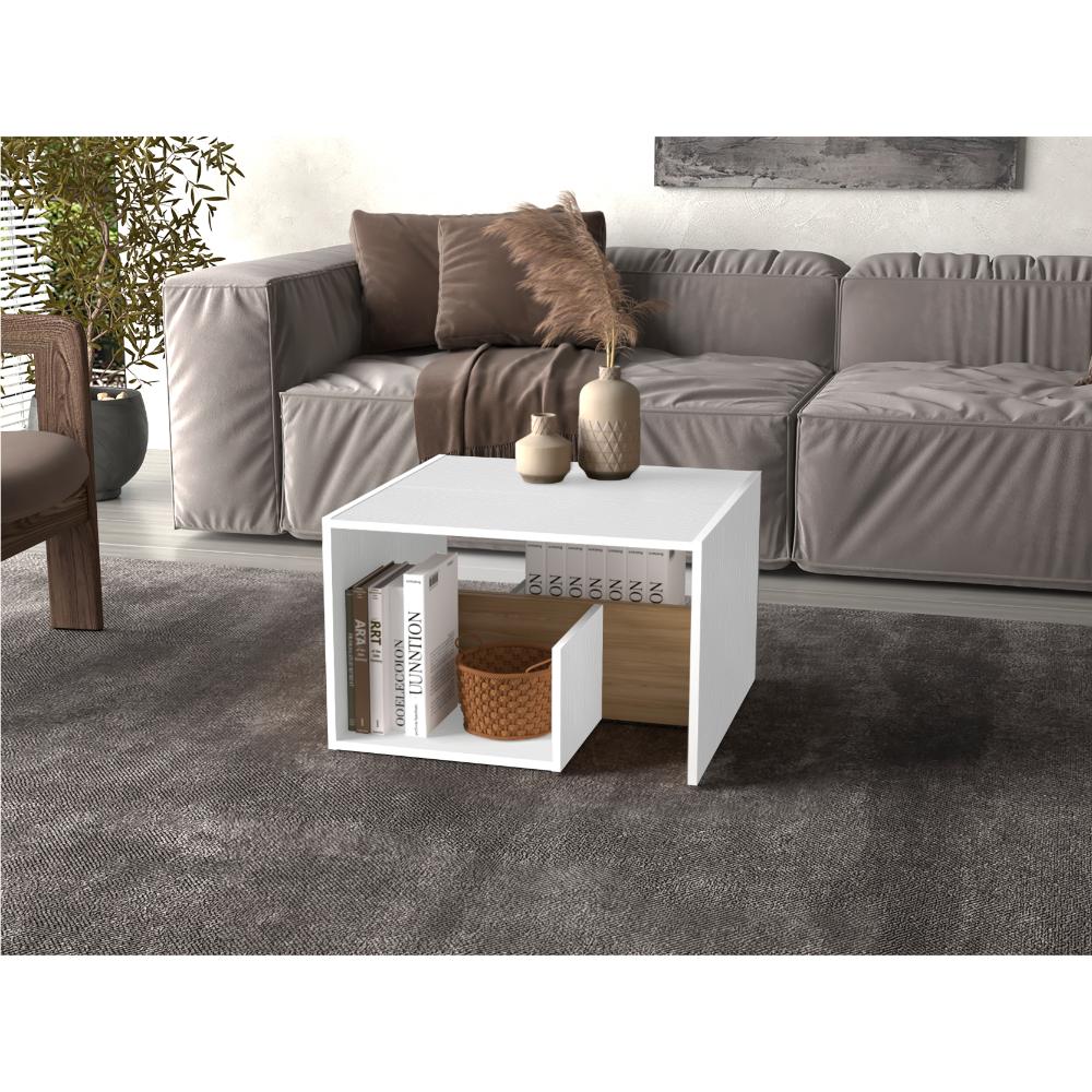 Mesa Auxiliar Evert, Blanco Duqueza y Fresno Europeo, con diseño moderno y espacio para ubicar objetos