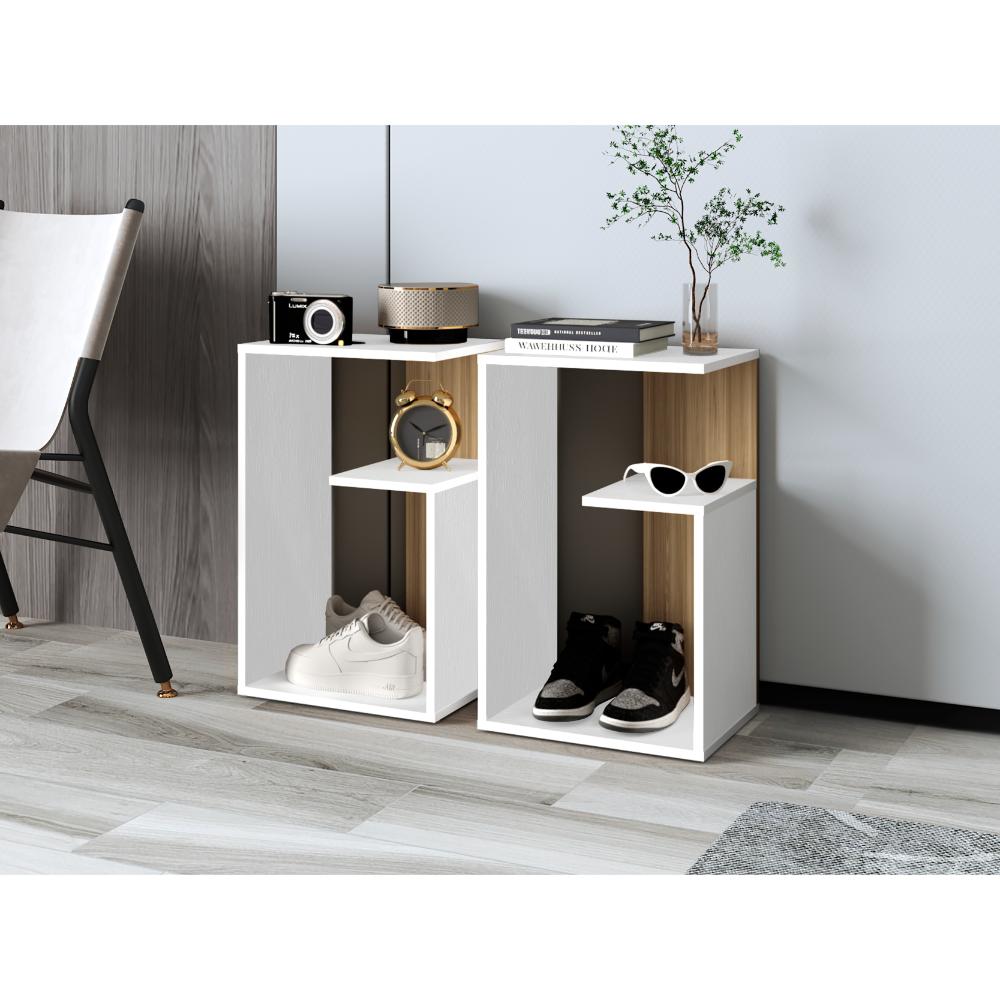 Mesa Auxiliar Evert, Blanco Duqueza y Fresno Europeo, con diseño moderno y espacio para ubicar objetos