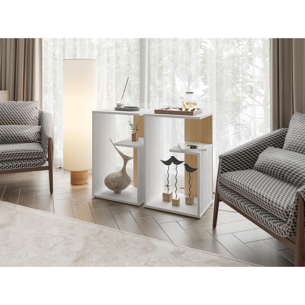 Mesa de Noche Evert, Blanco y Fresno Europeo, con diseño moderno y espacio para ubicar objetos ZF