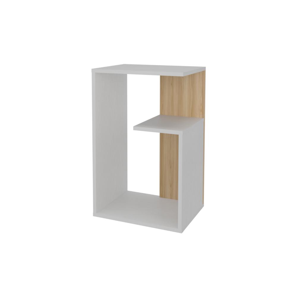 Mesa de Noche Evert, Blanco y Fresno Europeo, con diseño moderno y espacio para ubicar objetos ZF