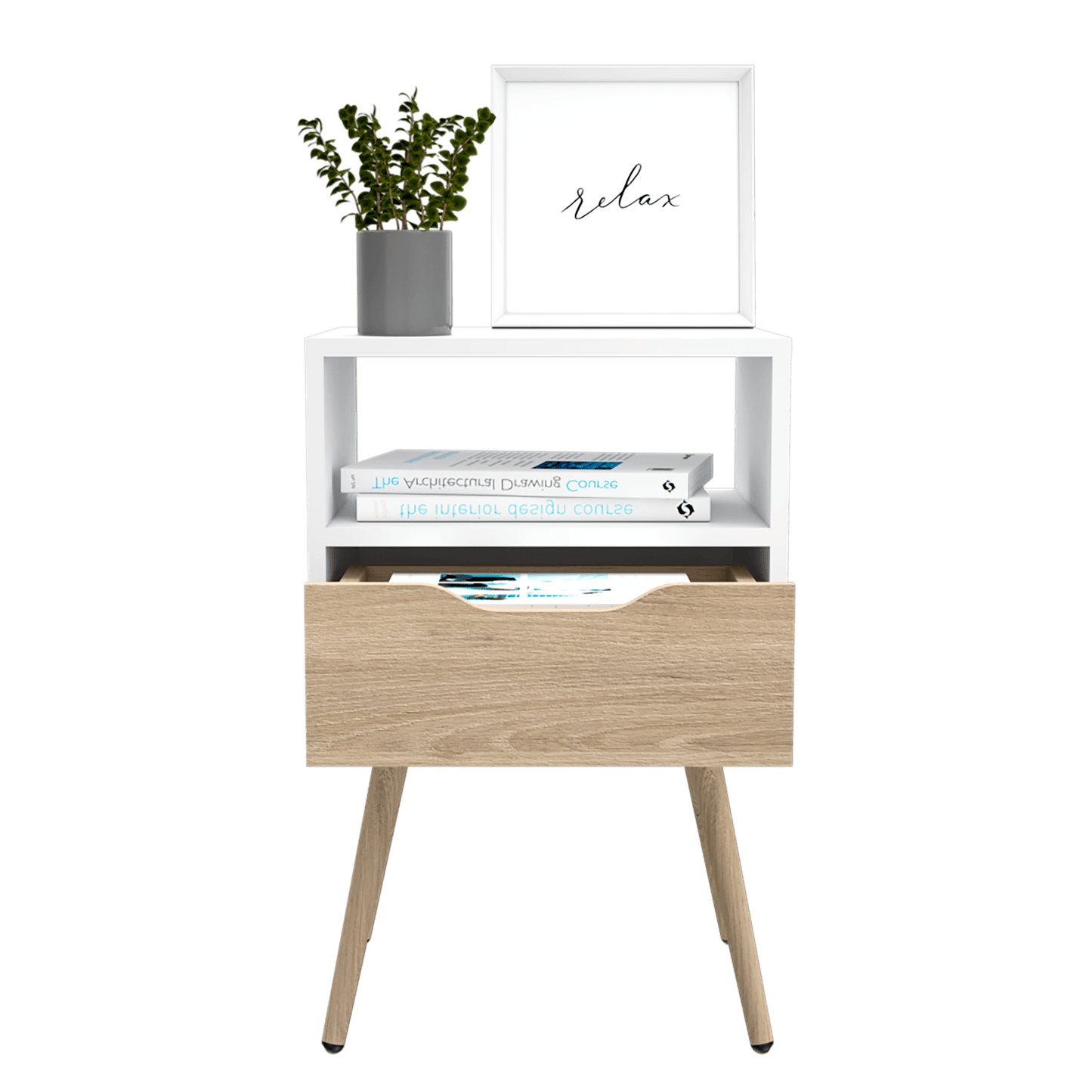 Mesa de Noche Alesio, Blanco y Beige, con Un Cajón