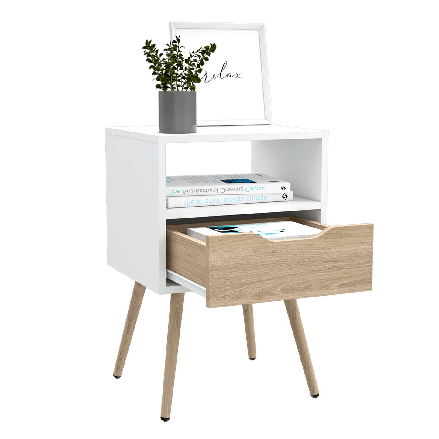 Mesa de Noche Alesio, Blanco y Beige, con Un Cajón