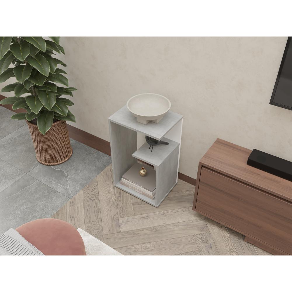 Mesa de Noche Evert, Cemento y Blanco Duqueza, con diseño moderno y espacio para ubicar objetos ZF