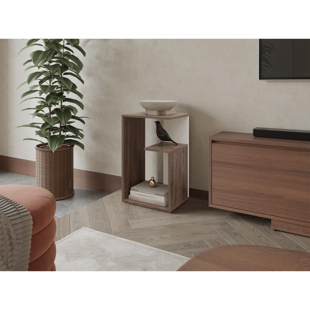 Mesa Auxiliar Evert, Coñac y Blanco Duqueza, con diseño moderno y espacio para ubicar objetos ZF
