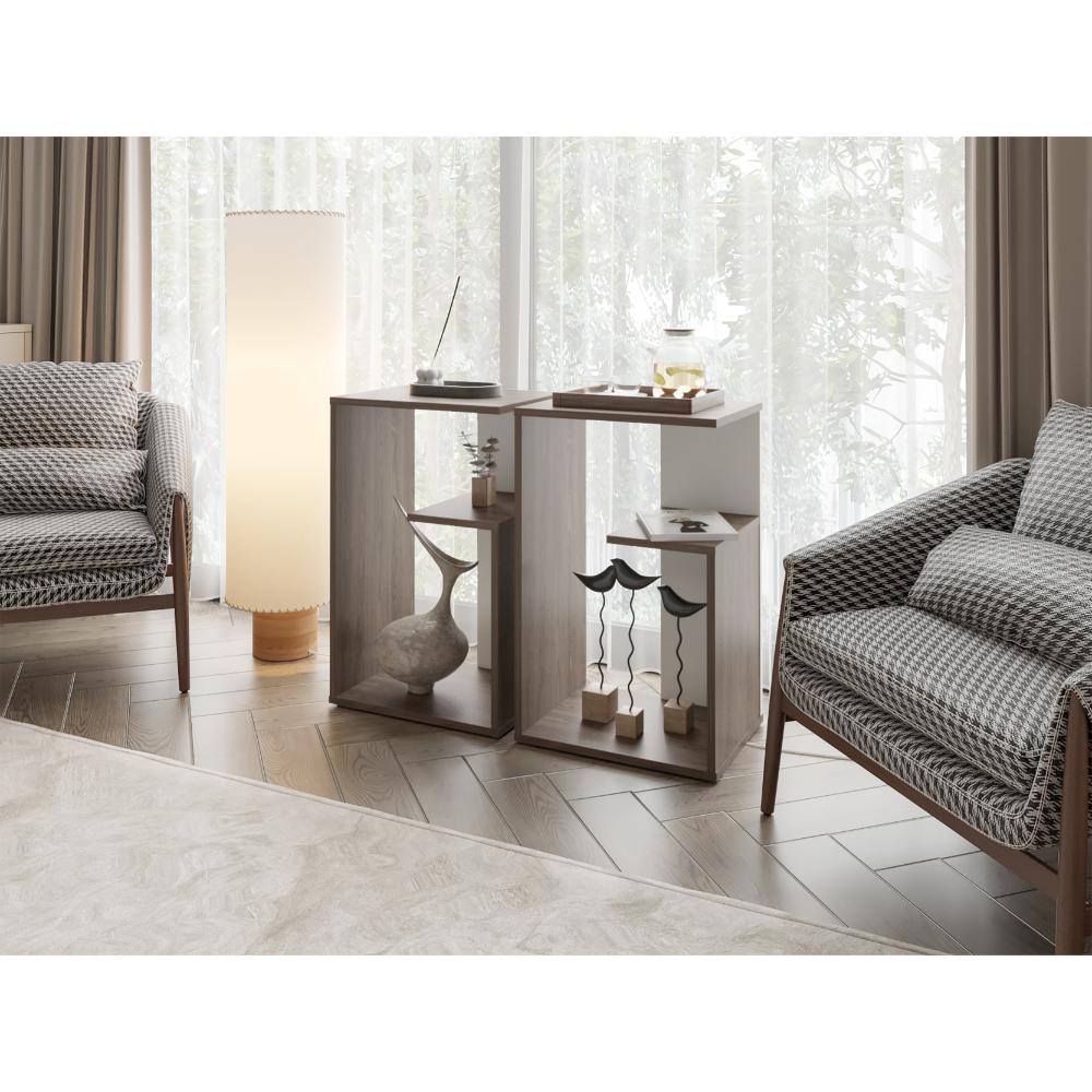Mesa Auxiliar Evert, Coñac y Blanco Duqueza, con diseño moderno y espacio para ubicar objetos ZF