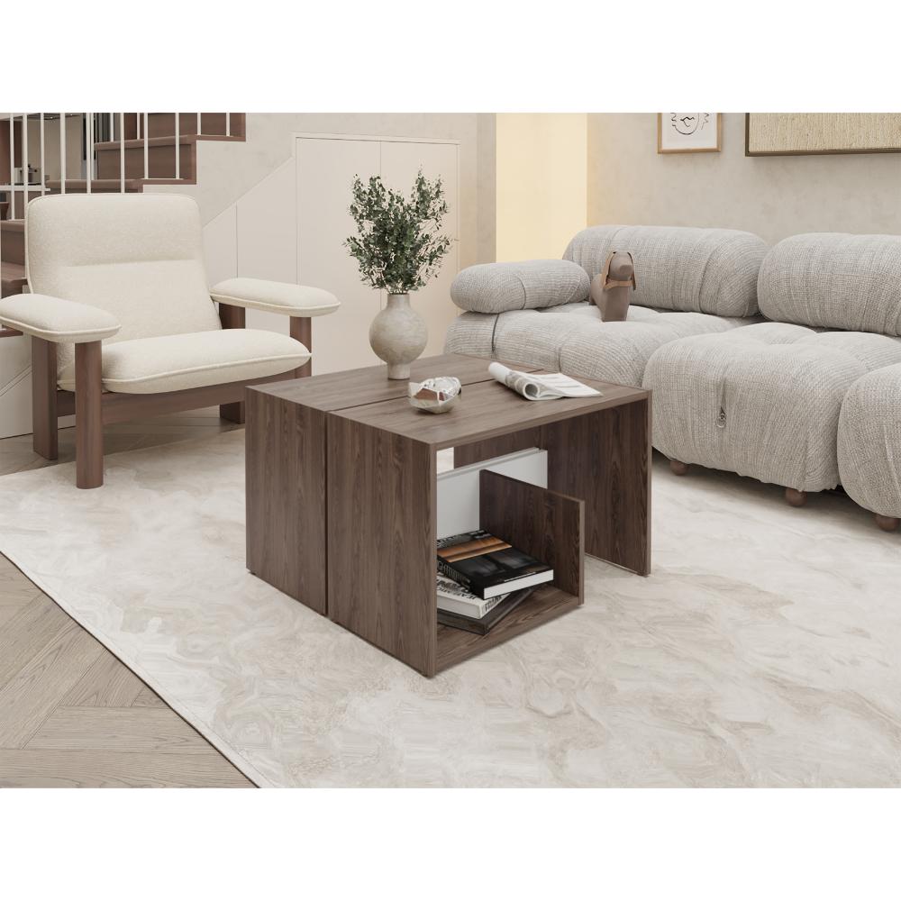 Mesa Auxiliar Evert, Coñac y Blanco Duqueza, con diseño moderno y espacio para ubicar objetos ZF