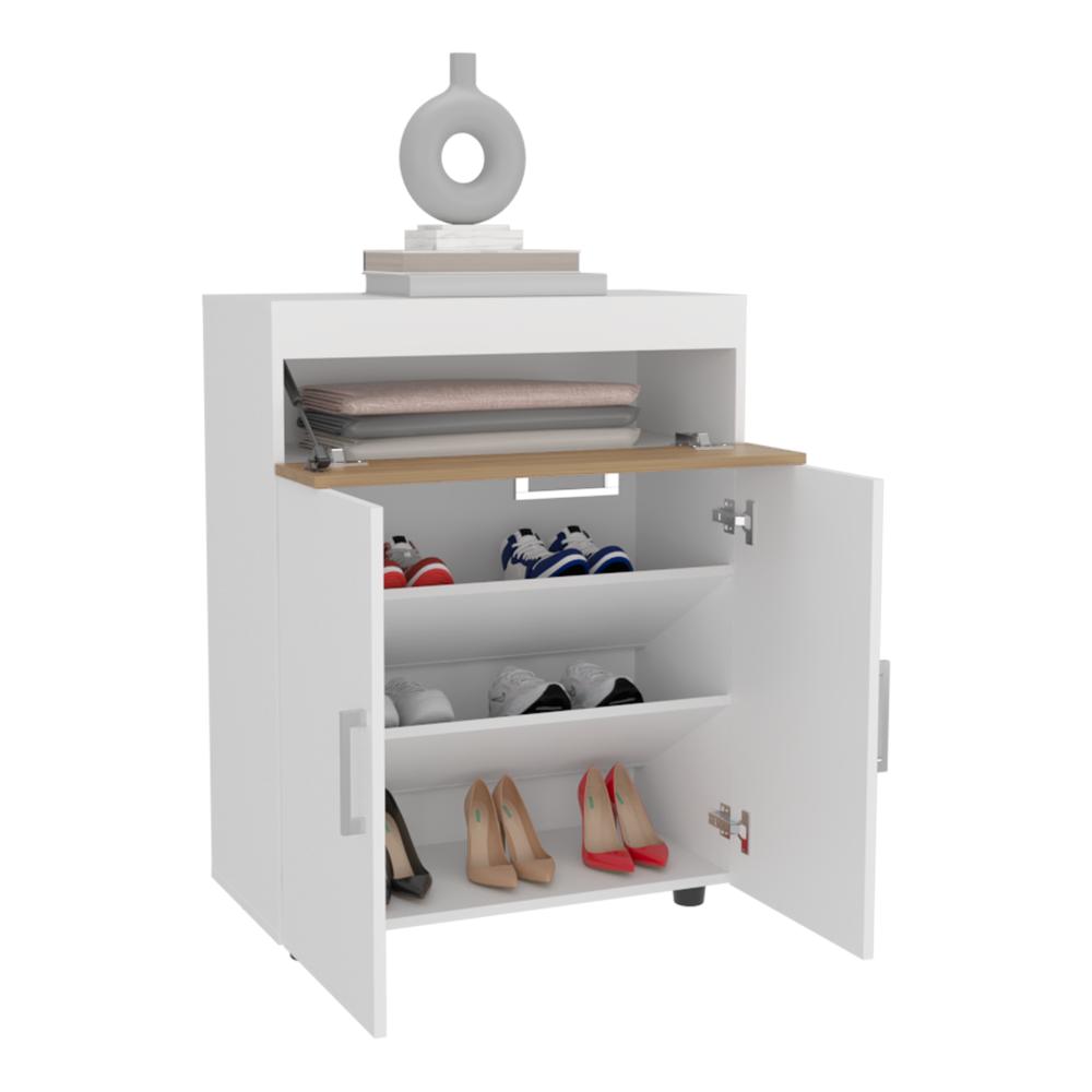 Zapatero Belton, Blanco Duqueza y Fresno Europeo, con tres puertas abatibles y espacio para almacenar zapatos ZF