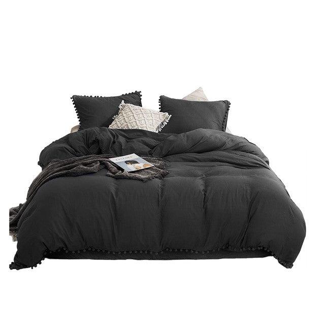 Edredon Microtex Unicolor + Borlas Negro King - VIRTUAL MUEBLES