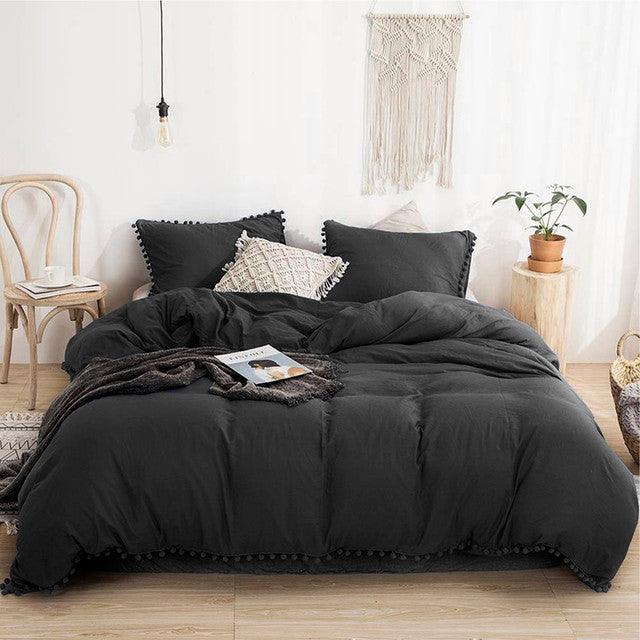Edredon Microtex Unicolor + Borlas Negro King - VIRTUAL MUEBLES