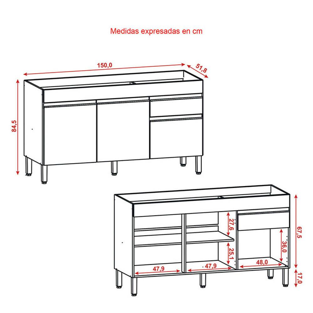 Cocina 150cm Lirio 6 Puertas 1 Cajón Gris/Maderado Natural - VIRTUAL MUEBLES