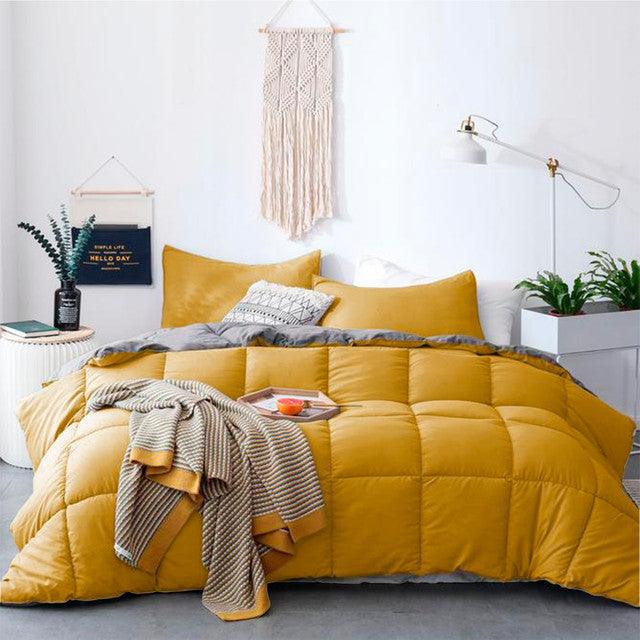 Edredon Bicolor Mas Fundas Y Cojines Mostaza / Gris Claro Doble - VIRTUAL MUEBLES