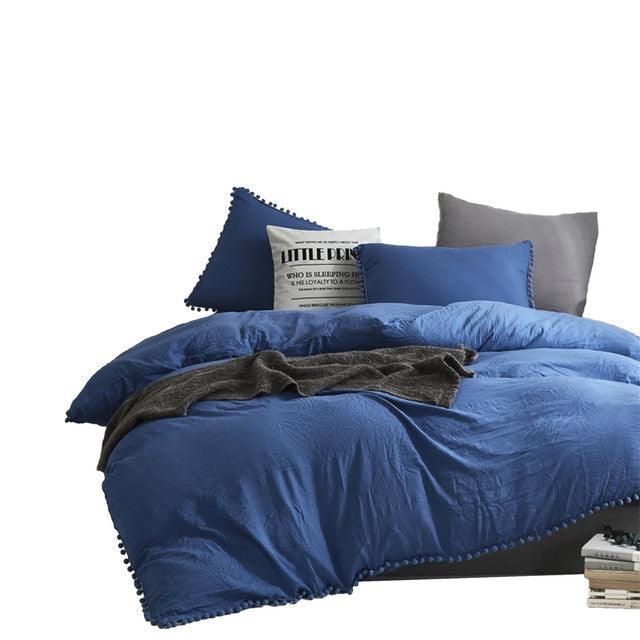 Edredon Microtex Unicolor + Borlas Azul Celeste Doble - VIRTUAL MUEBLES