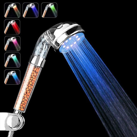PRUGNA Cabezal de ducha LED con manguera y soporte de brazo de ducha, filtro de