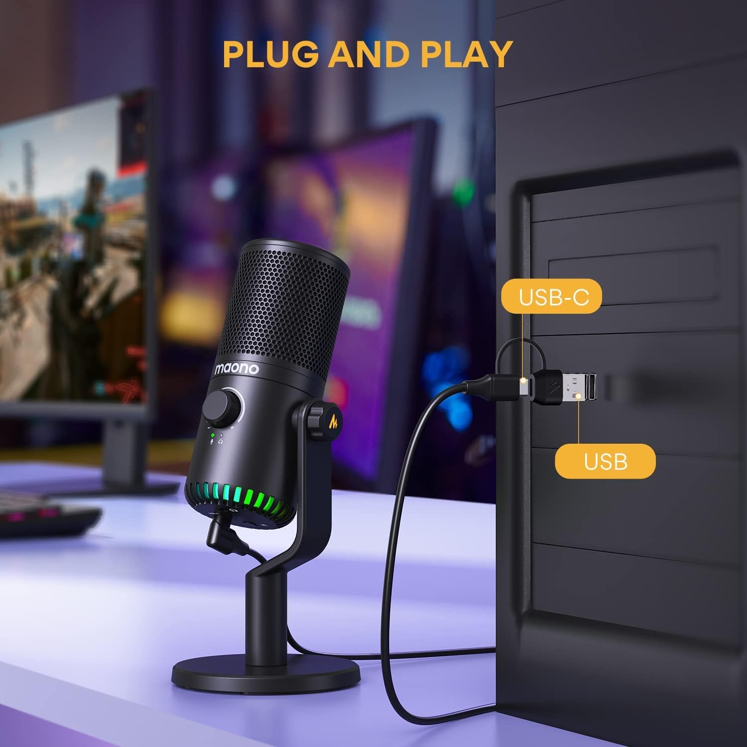 Micrófono USB para juegos para PC, micrófono condensador programable con luz