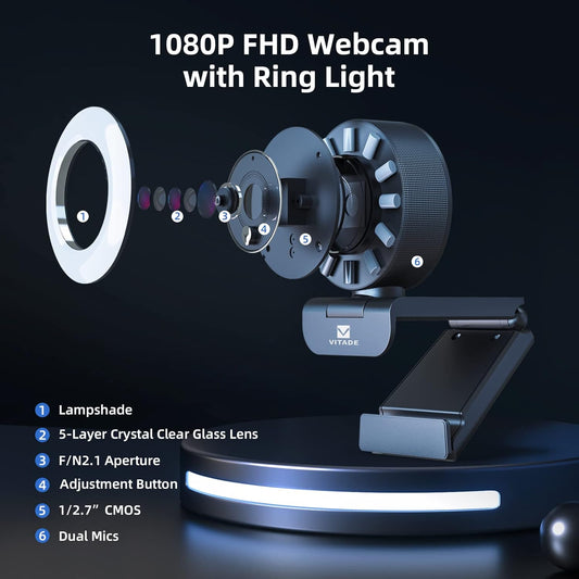 Cámara web de transmisión con luz de anillo ajustable, cámara web Full HD 1080P