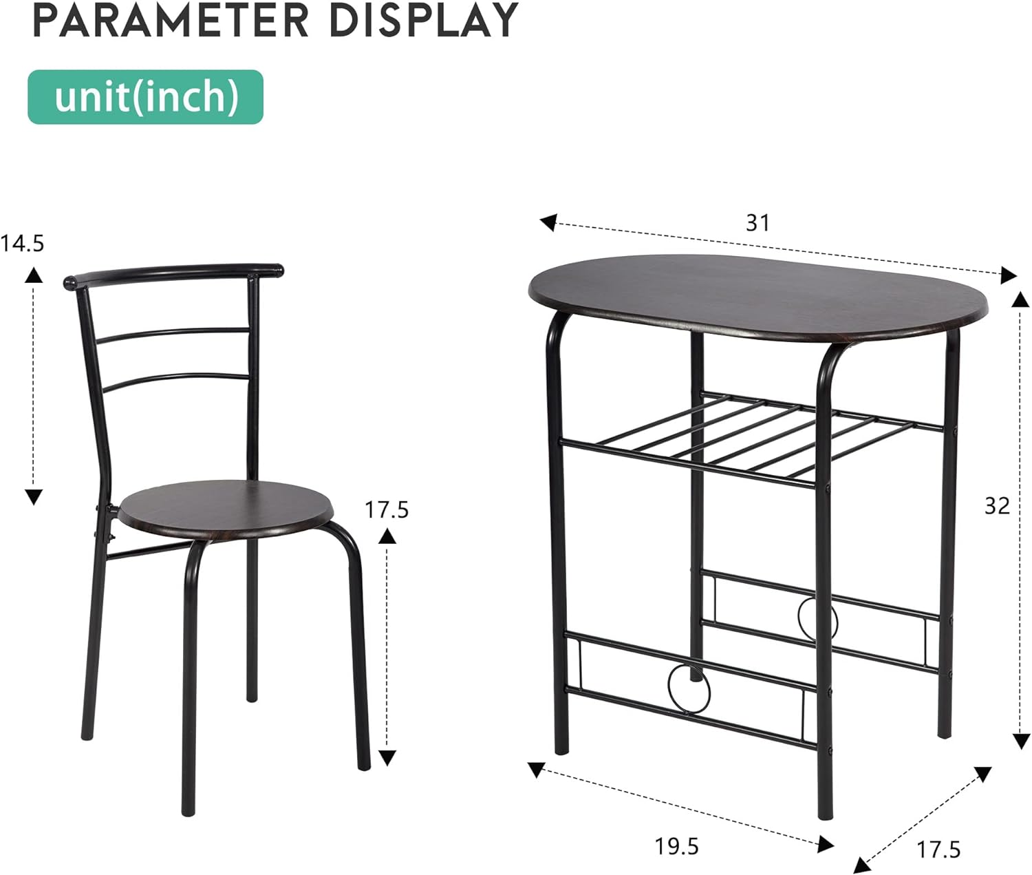 Juego de mesa redonda y silla de 3 piezas para cocina, comedor, bar, desayuno, marco de metal compacto espacial