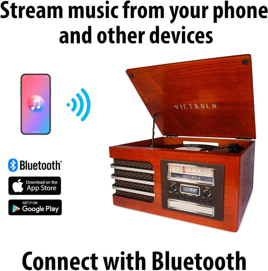 Centro de música de madera + sonido estéreo mejorado, salida Bluetooth, plato