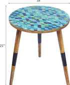 Mesa auxiliar de mosaico de madera maciza, mesa decorativa de mosaico azul,