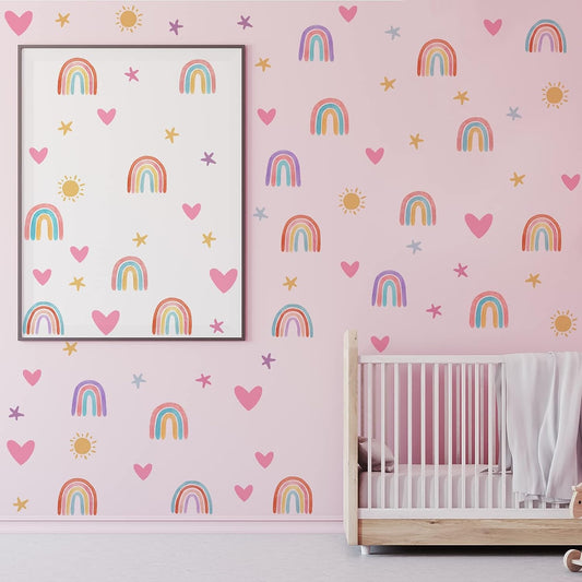 Calcomanías de pared con diseño de arco iris, diseño de arcoíris pequeño,acuarela, corazón y sol