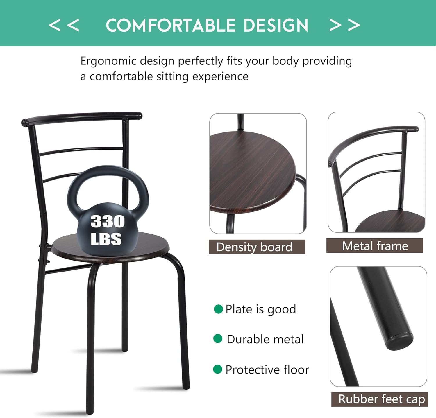 Juego de mesa redonda y silla de 3 piezas para cocina, comedor, bar, desayuno, marco de metal compacto espacial