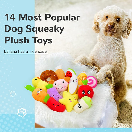 Paquete de 14 juguetes chirriantes para perros, lindos peluches de frutas,