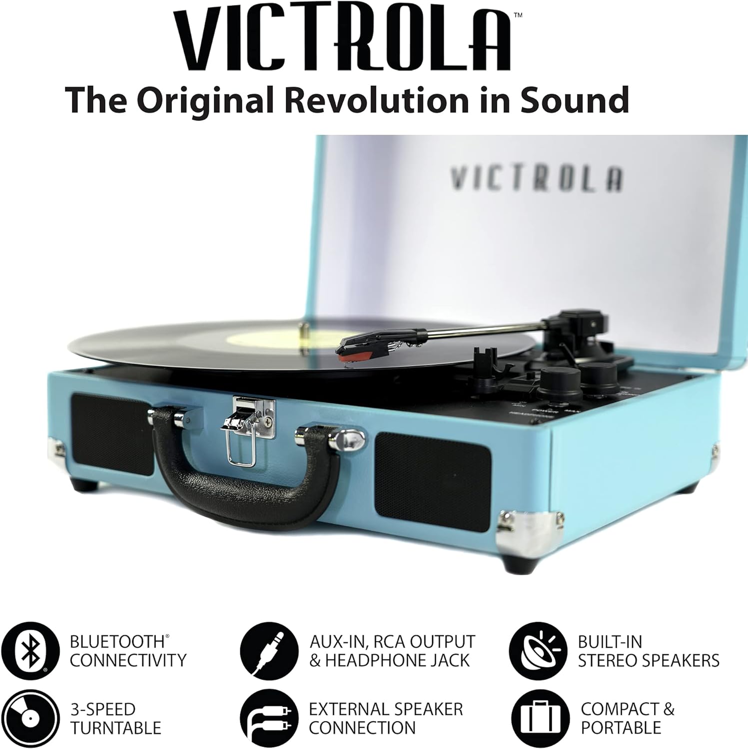 Victrola Tocadiscos portátil de maleta, estilo vintage, 3 velocidades y conexión bluetooth