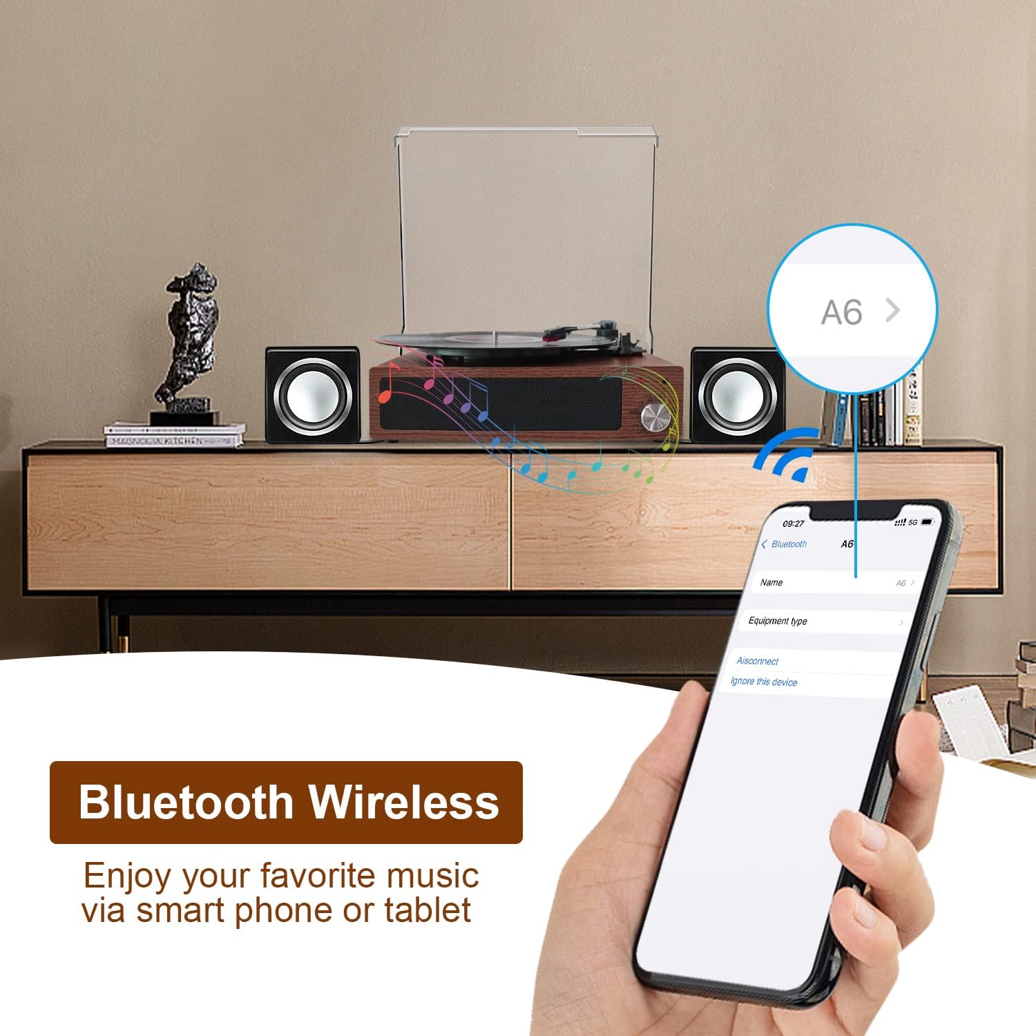 FYDEE Tocadiscos Bluetooth con 2 altavoces estéreo integrados, reproductor de