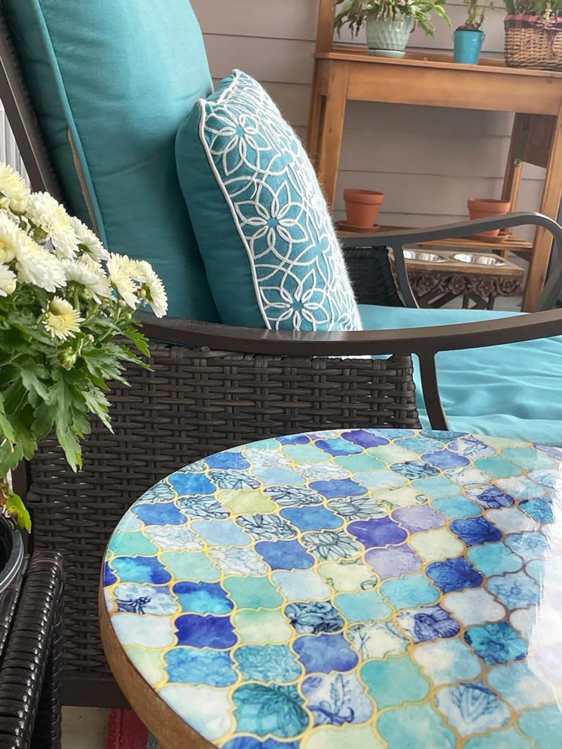 Mesa auxiliar de mosaico de madera maciza, mesa decorativa de mosaico azul,