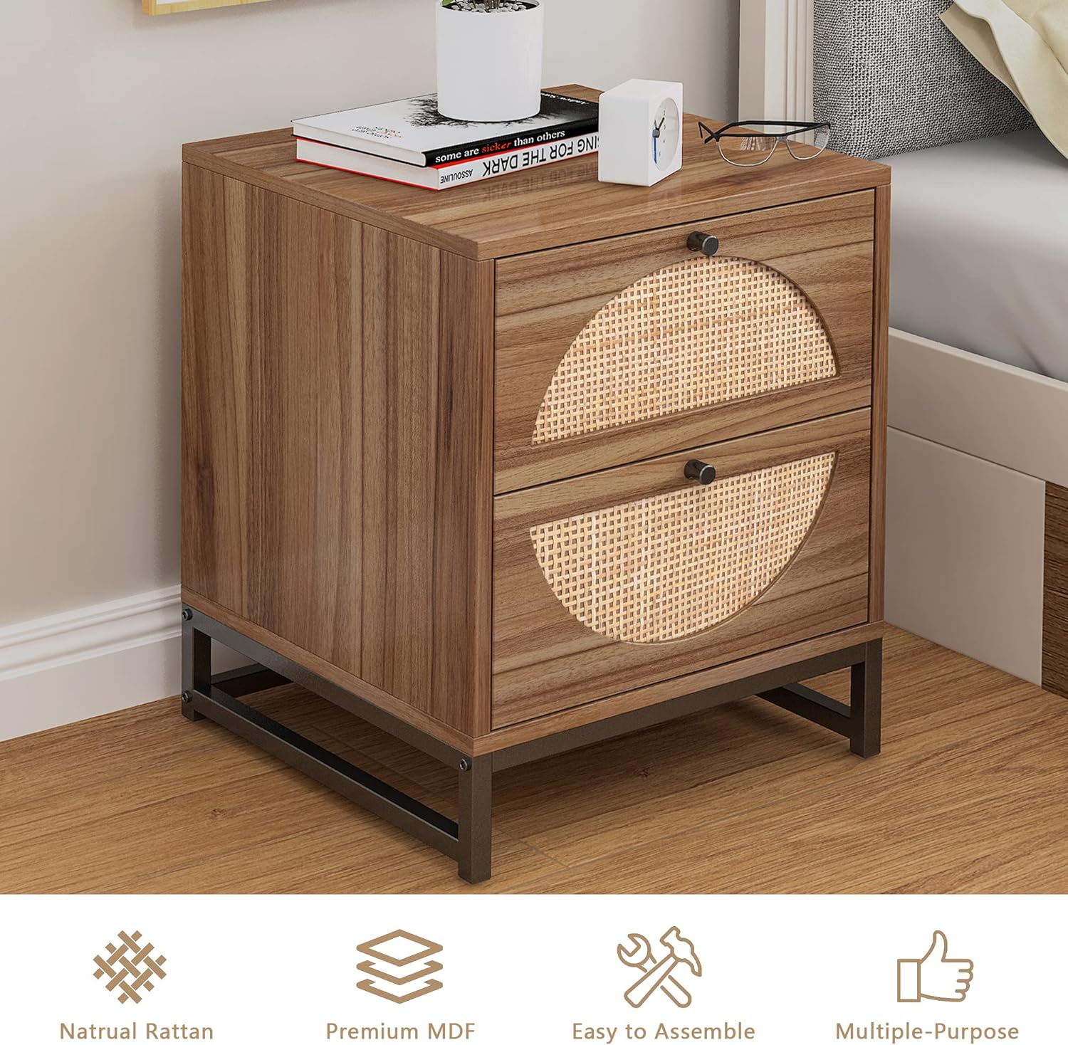 Rattan Nightstand with 2 Drawer, Farmhouse End Table Small Accent Table with