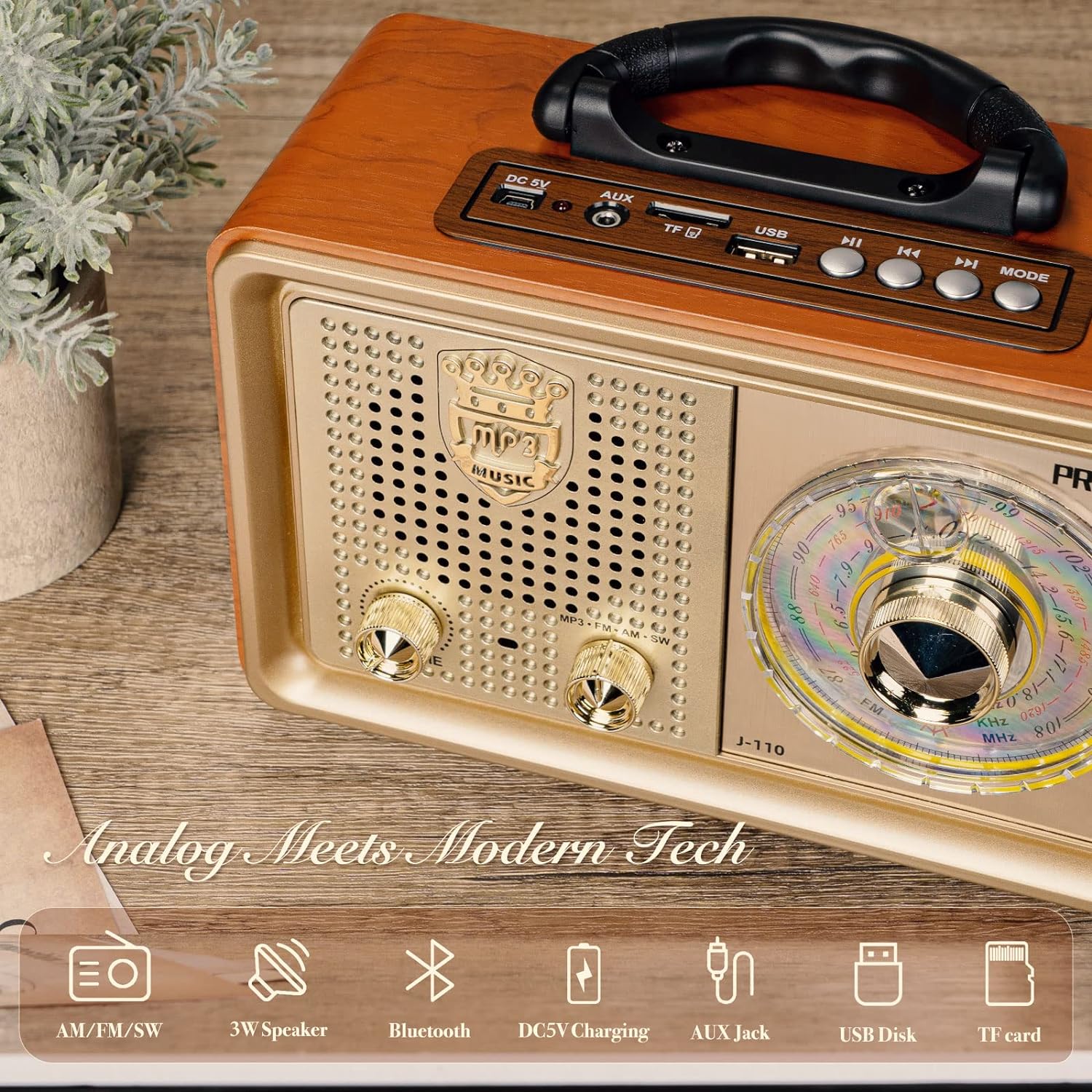 Radio portátil retro AM FM transistor de radio de onda corta funciona con