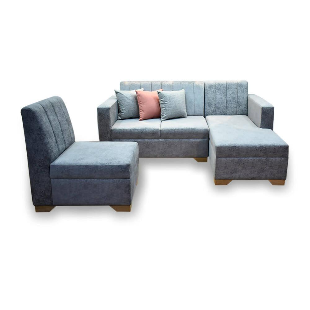 Sala Denver poliéster azul y gris, patas de madera - VIRTUAL MUEBLES