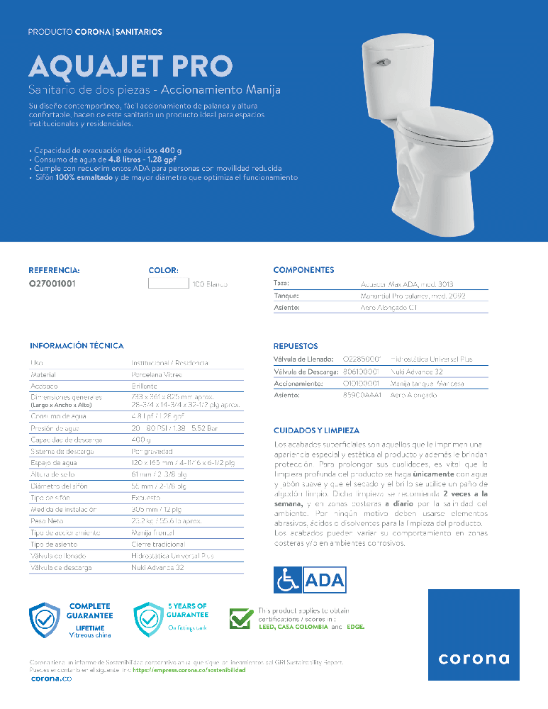 Sanitario Corona Aquajet Pro - VIRTUAL MUEBLES