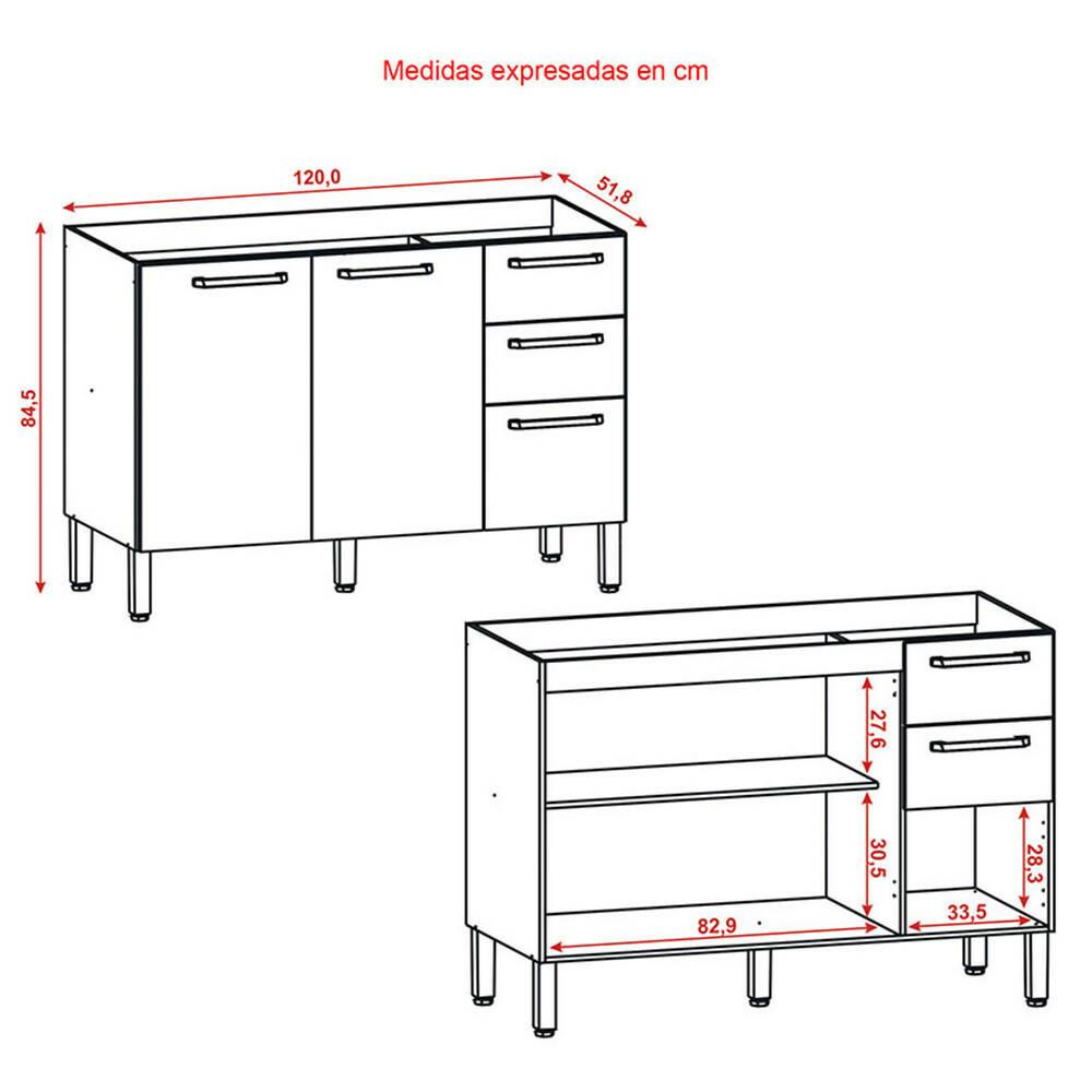Cocina Gazania 120cm 6 Puertas 2 Cajones Maderado Natural/Blanco Supremo - VIRTUAL MUEBLES