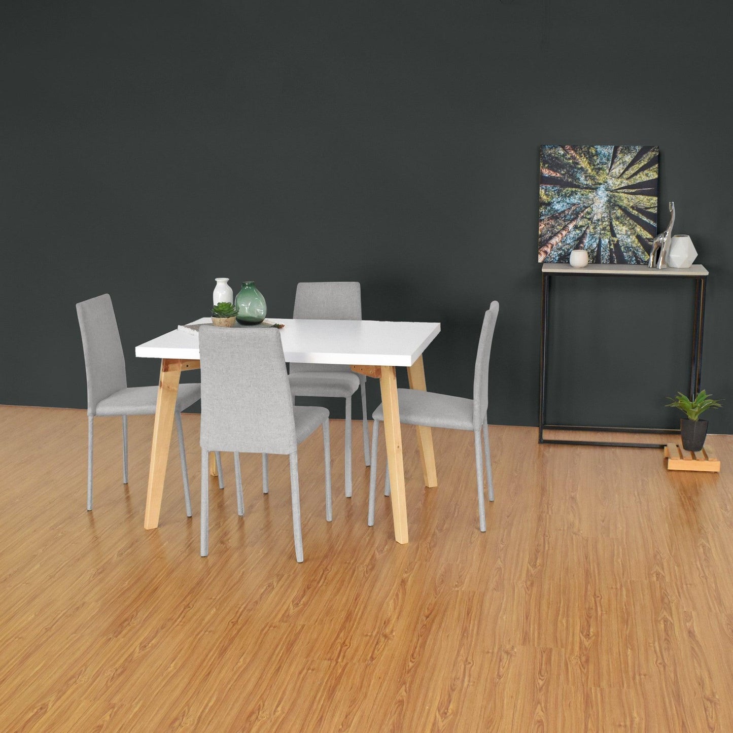 Juego de Comedor 4P Lugo Matiz Sillas Lyon Tela Plata - VIRTUAL MUEBLES