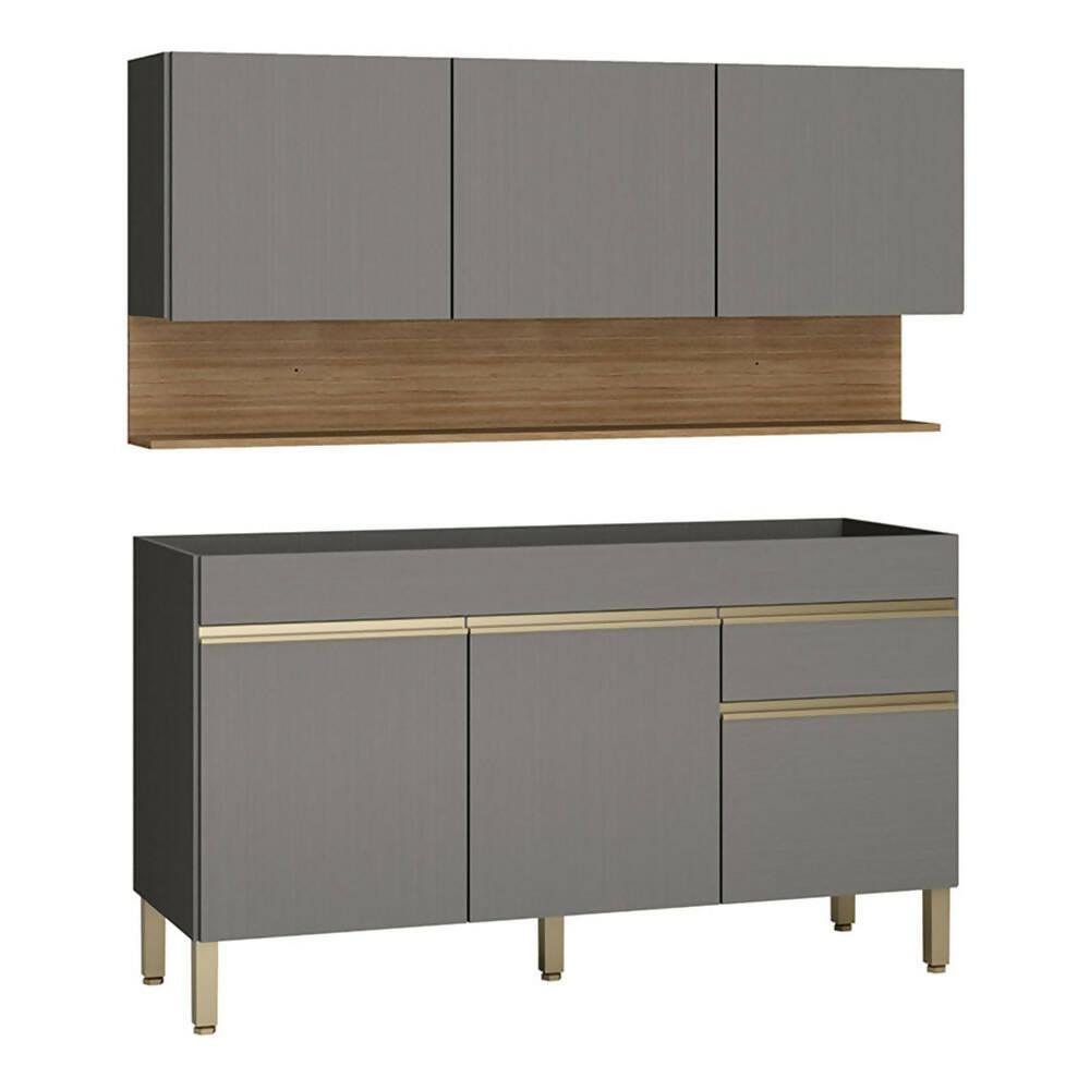 Cocina 150cm Lirio 6 Puertas 1 Cajón Gris/Maderado Natural - VIRTUAL MUEBLES