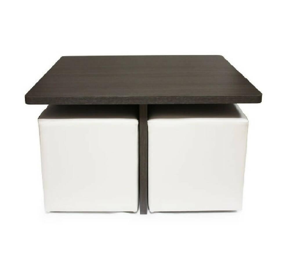 Mesa Centro Cuadrada 4 Puff Auxiliares BANZAY Wengue Y Blanco - VIRTUAL MUEBLES