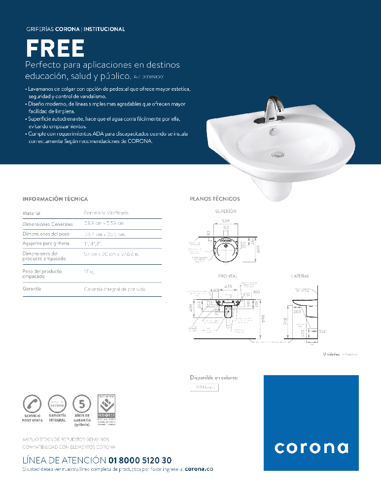 Lavamanos Corona Free Institucional - VIRTUAL MUEBLES