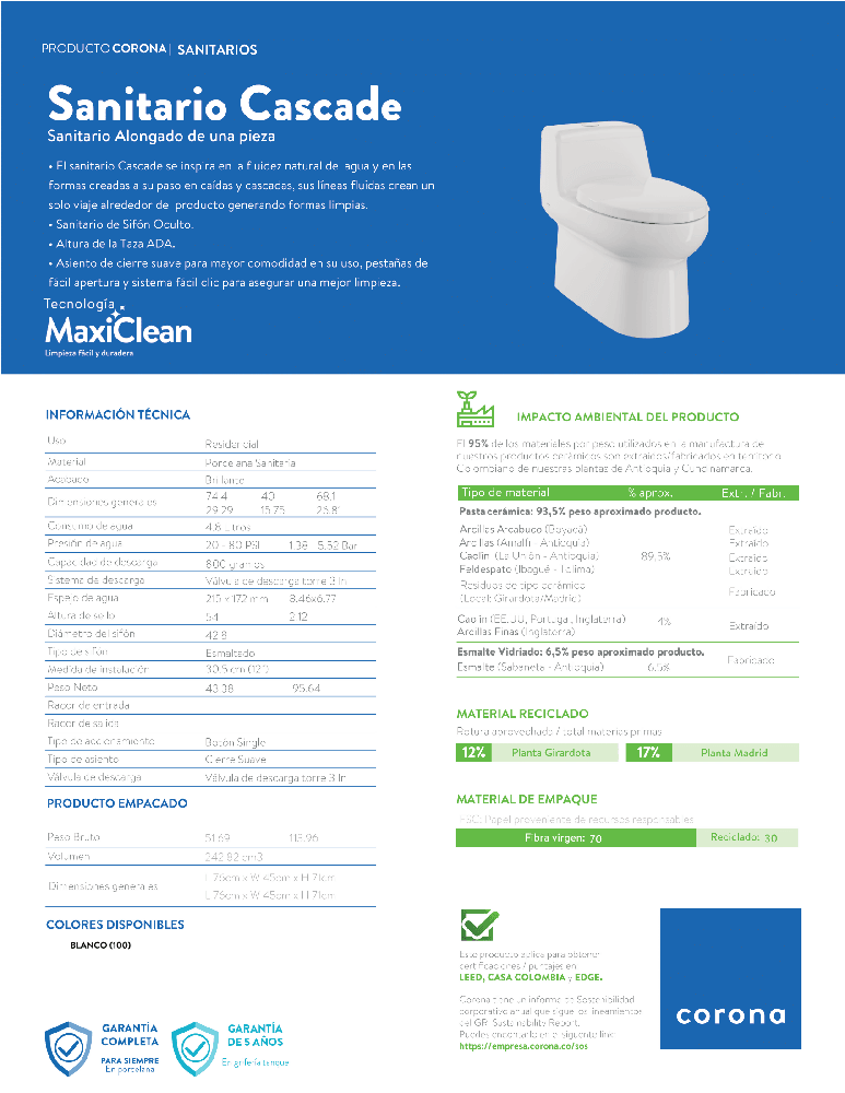 Sanitario Corona Cascade - VIRTUAL MUEBLES