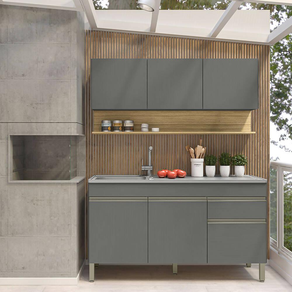Cocina 150cm Lirio 6 Puertas 1 Cajón Gris/Maderado Natural - VIRTUAL MUEBLES