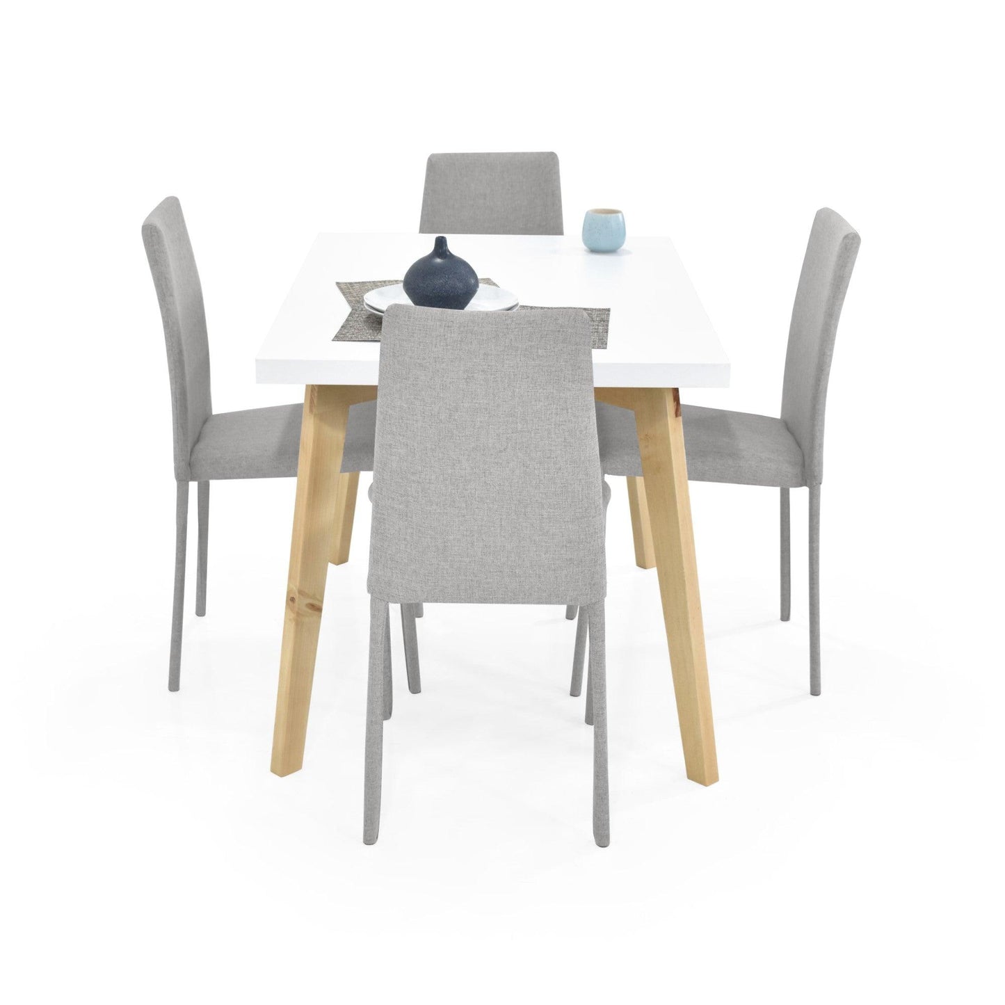 Juego de Comedor 4P Lugo Matiz Sillas Lyon Tela Plata - VIRTUAL MUEBLES