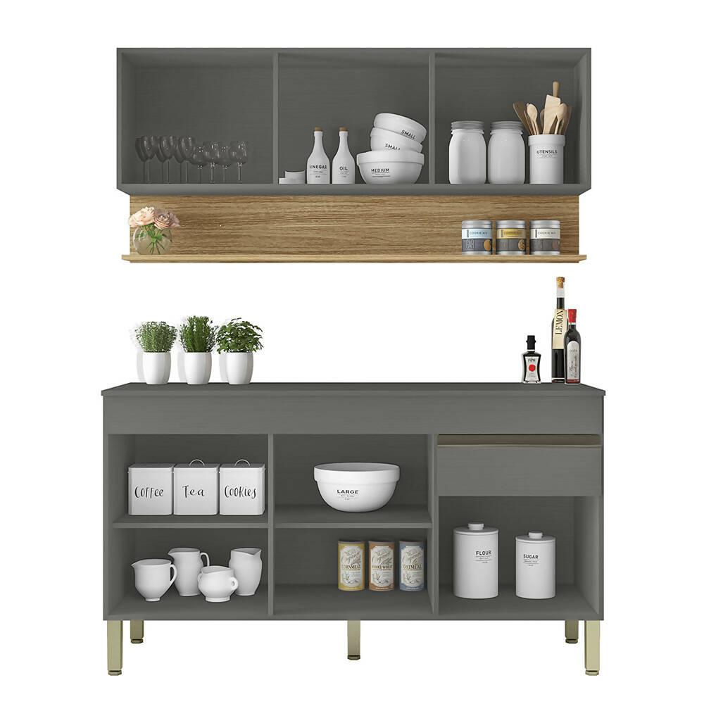 Cocina 150cm Lirio 6 Puertas 1 Cajón Gris/Maderado Natural - VIRTUAL MUEBLES