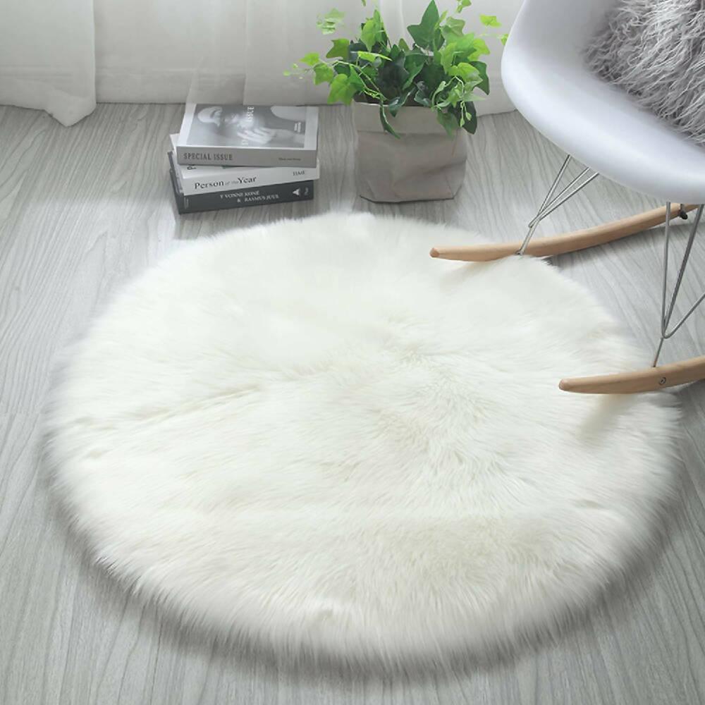 Tapete Peludo Antideslizante 100 cm Redondo Blanco - VIRTUAL MUEBLES