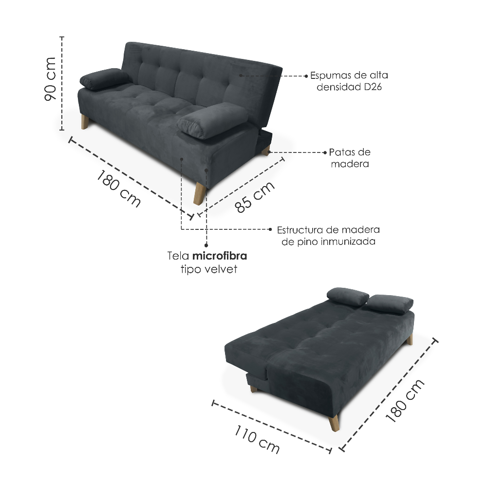Sofá Cama Glaser 3 Posiciones Tela Gris