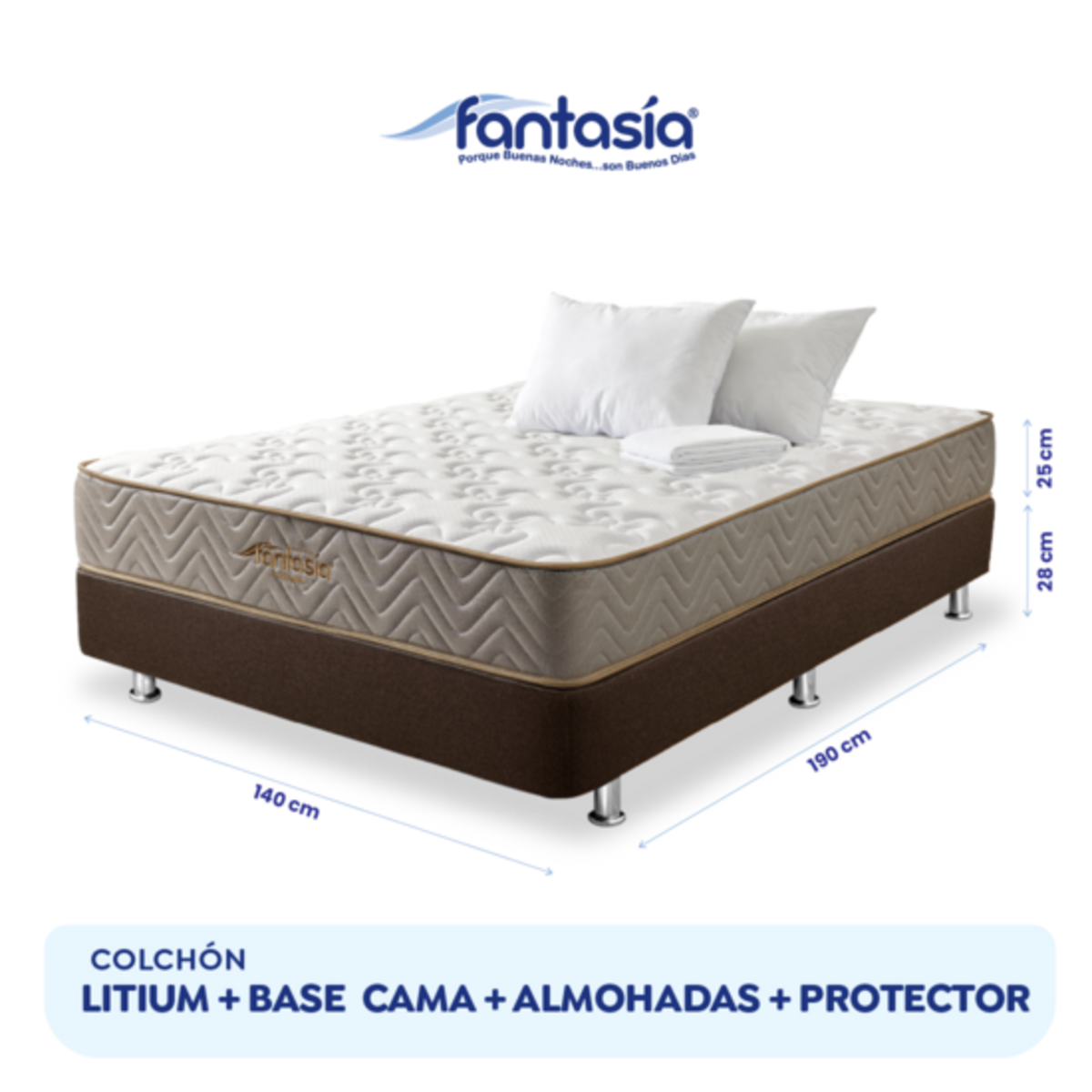 Combo Colchón Litium 140X190 Cm + Base Cama Lino Cafe + Almohada Economica + Protector Damasco  Marca Fantasía