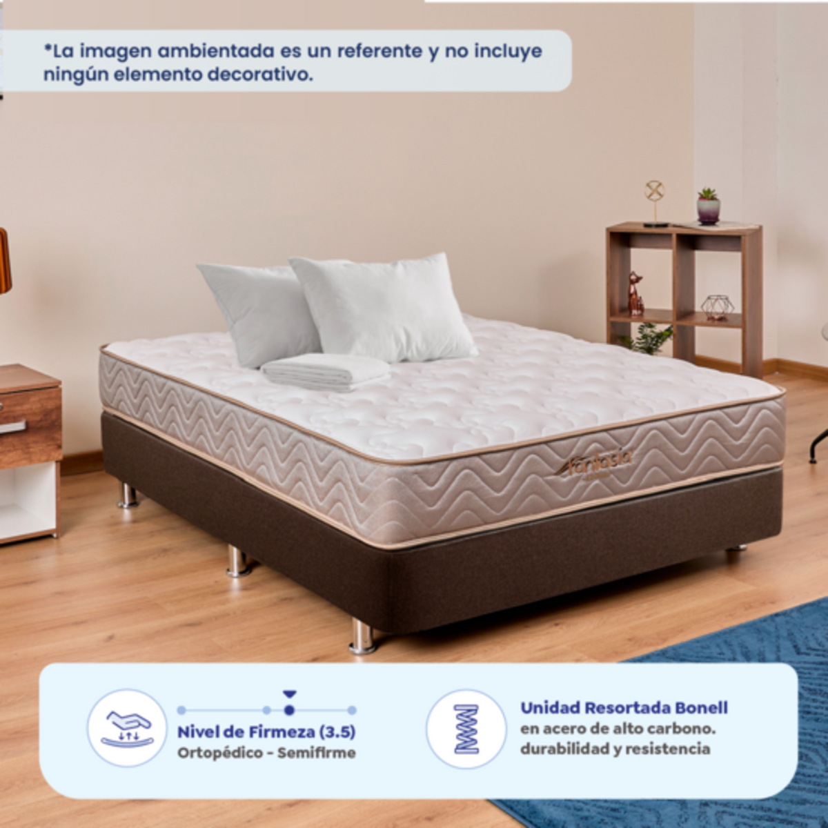 Combo Colchón Litium 140X190 Cm + Base Cama Lino Cafe + Almohada Economica + Protector Damasco  Marca Fantasía