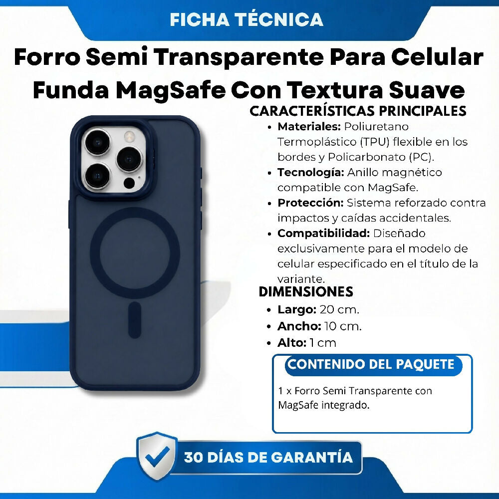 Forro Semi Transparente Para Celular Funda MagSafe Con Textura Suave Iphone 15 Pro Azul