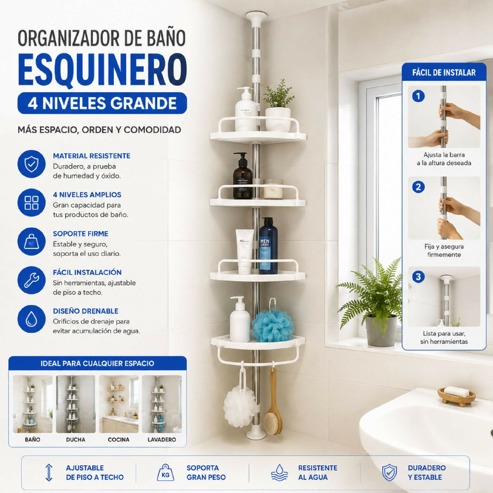 Organizador De Baño Esquinero De 4 Niveles Grande Repisas Resistentes A La Humedad Para Ducha