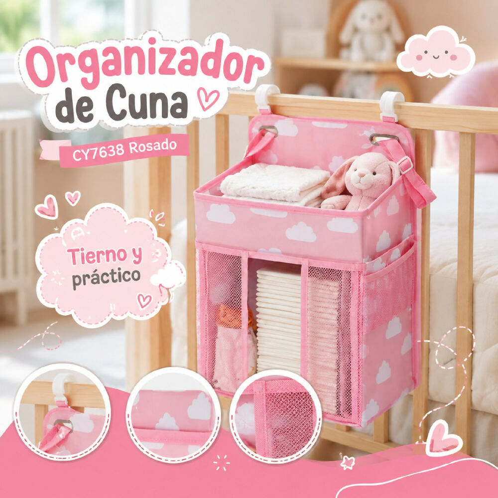 Organizador Colgante Para Cuna CY7638 Rosado Con Compartimentos Y Ganchos De Sujeción