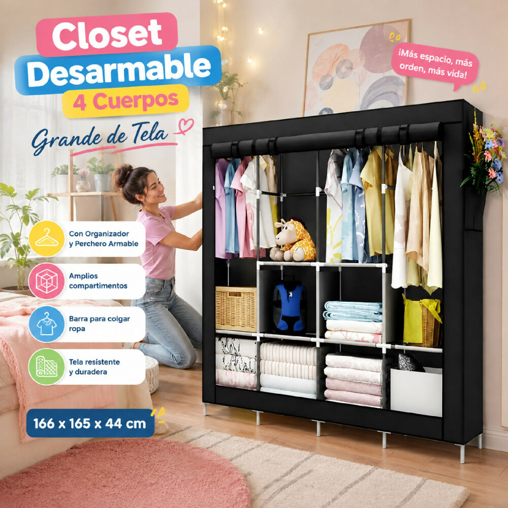 Closet Desarmable 4 Cuerpos Grande De Tela Con Organizador Y Perchero Armable